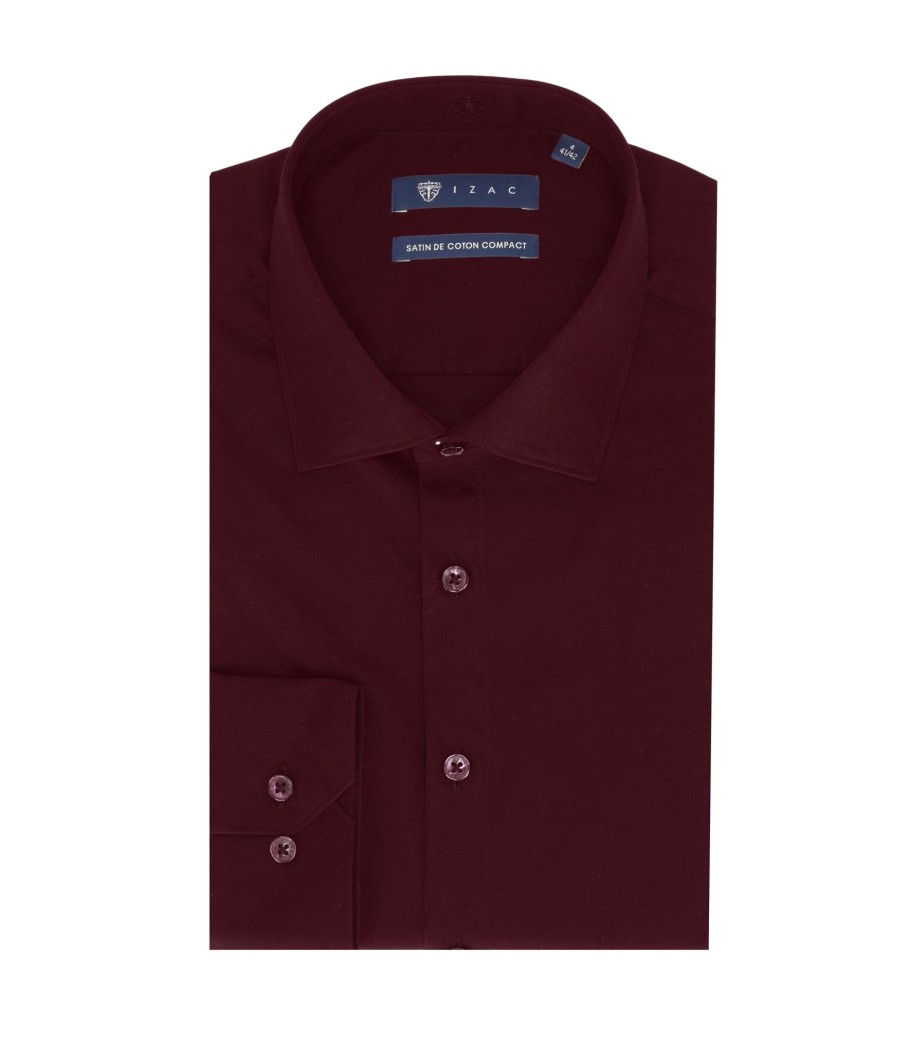 Vetements IZAC | Chemise coupe slim en satin de coton bordeaux