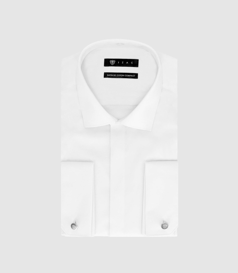 Vetements IZAC Chemises Blanches | Chemise Slim Fit En Satin De Coton Blanc