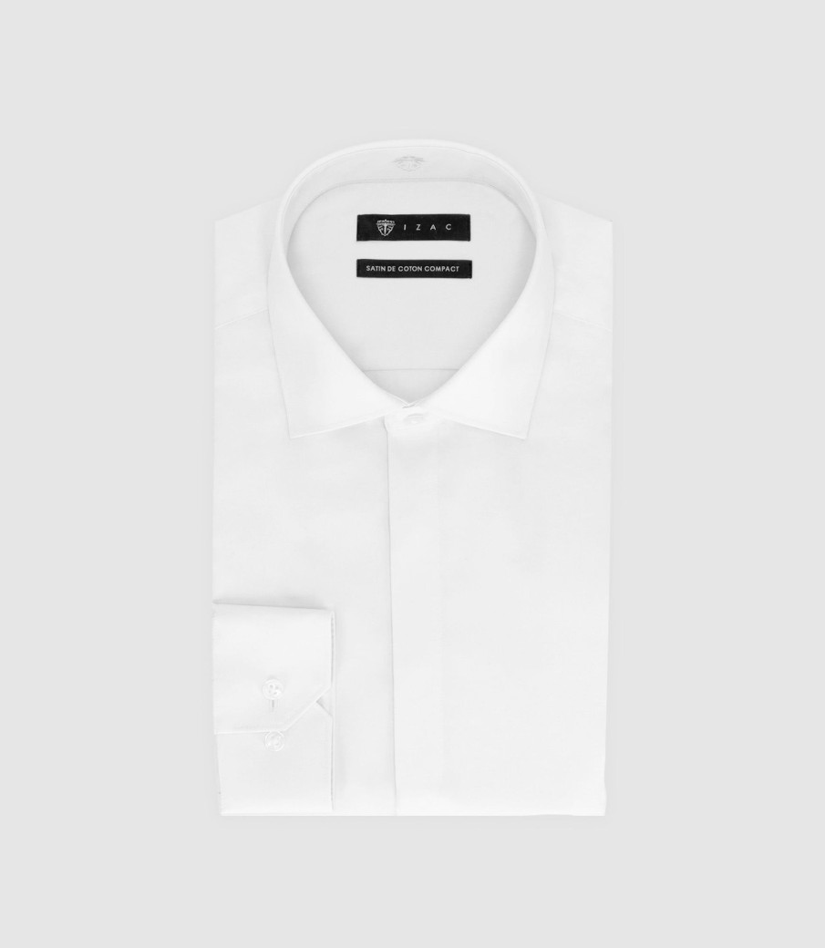 Vetements IZAC Chemises Blanches | Chemise Slim Fit En Satin De Coton Blanc