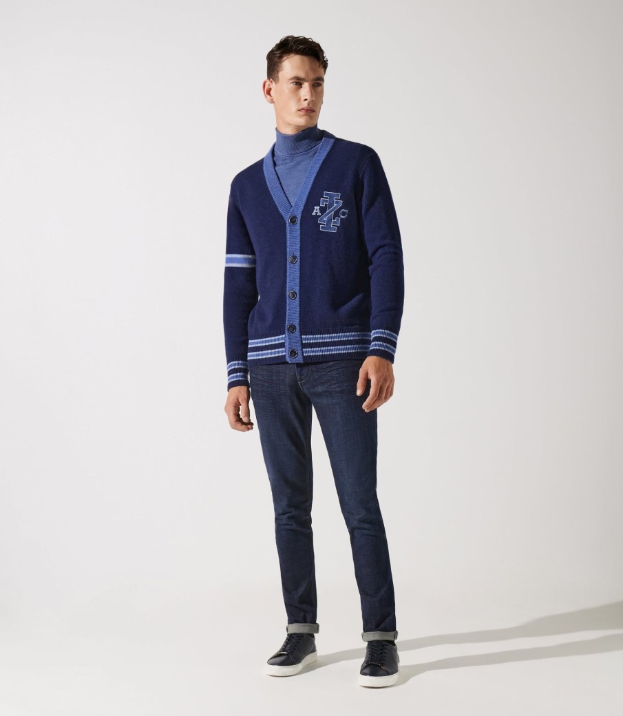 Vetements IZAC | Cardigan boutonné bleu brodé