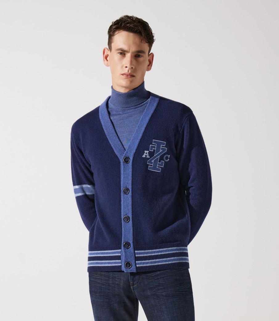 Vetements IZAC | Cardigan boutonné bleu brodé