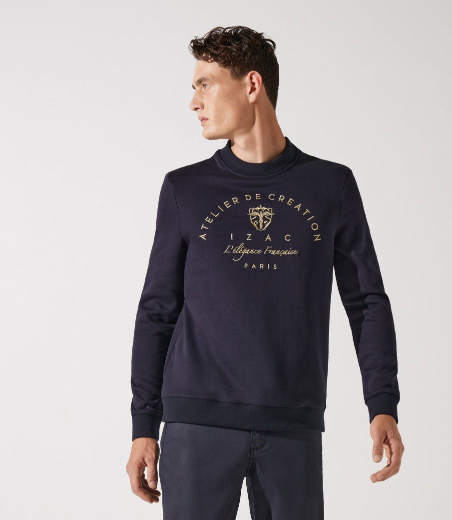 Vetements IZAC | Sweat Avec Logo Brodé Navy Swbali